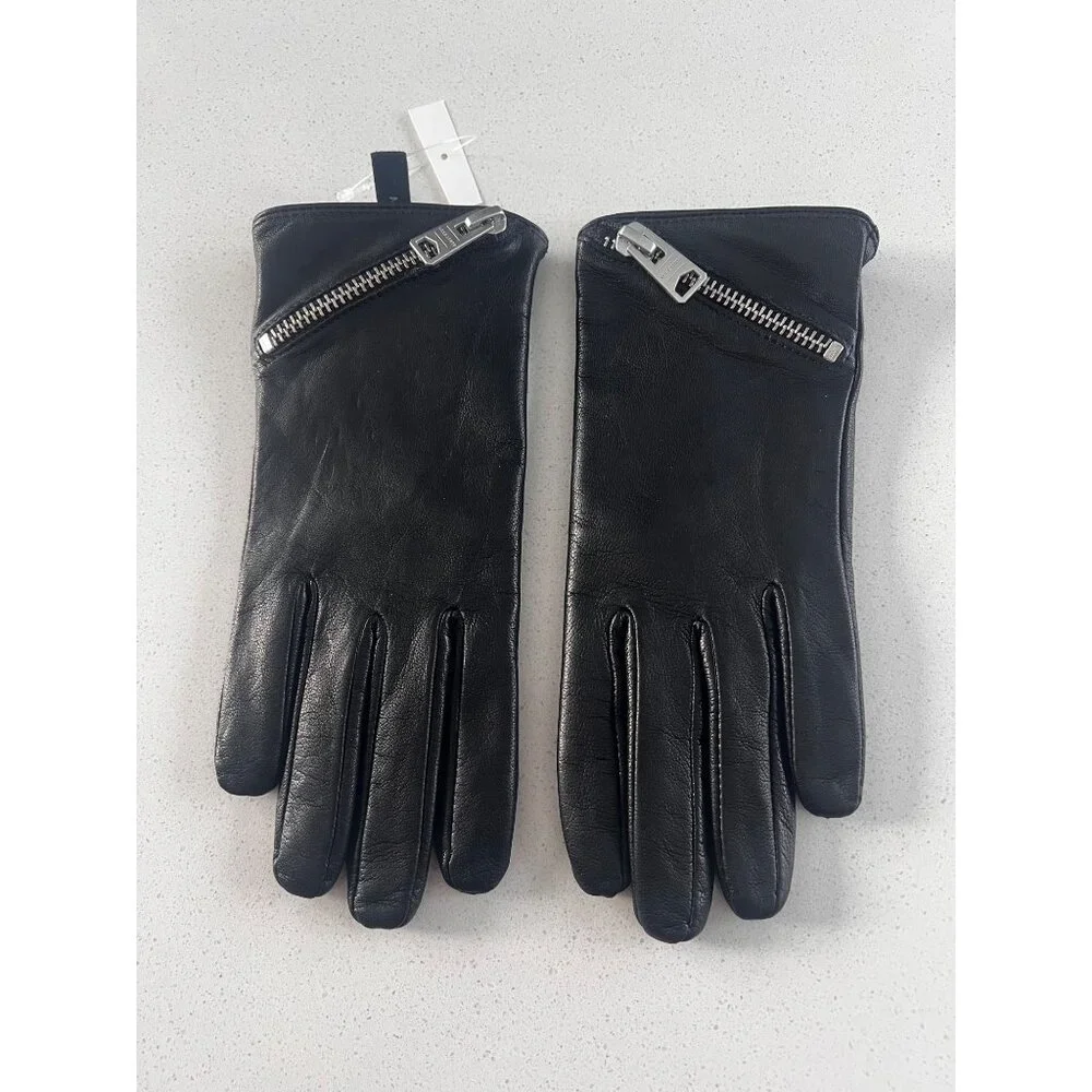 All Saints Asymmetrical Zip black Leather Gloves women size M